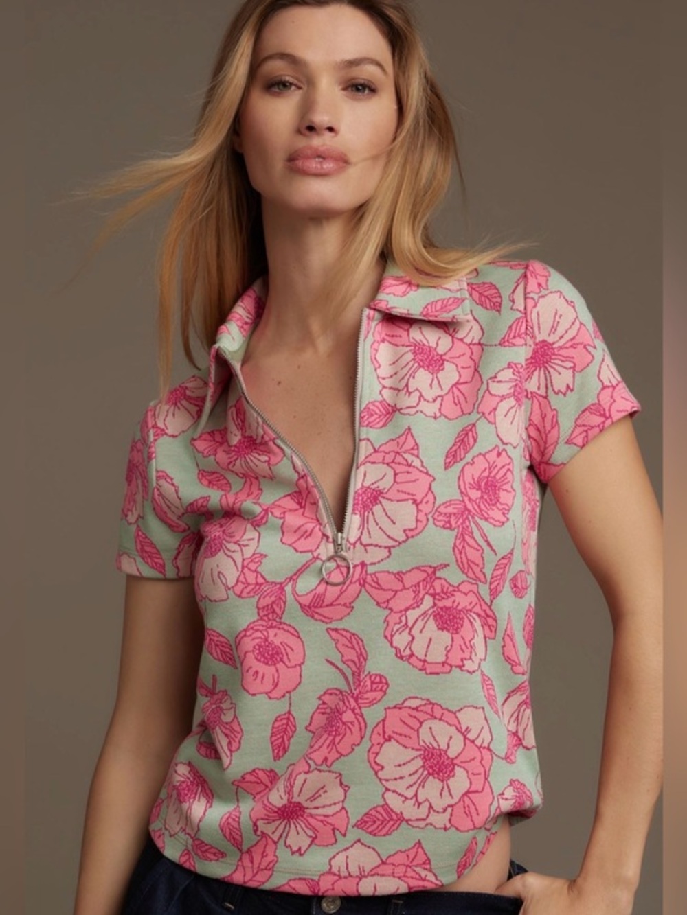 Maeve by Anthropologie Jacquard Pink Floral Zip-Collar Short Sleeve Top size XS